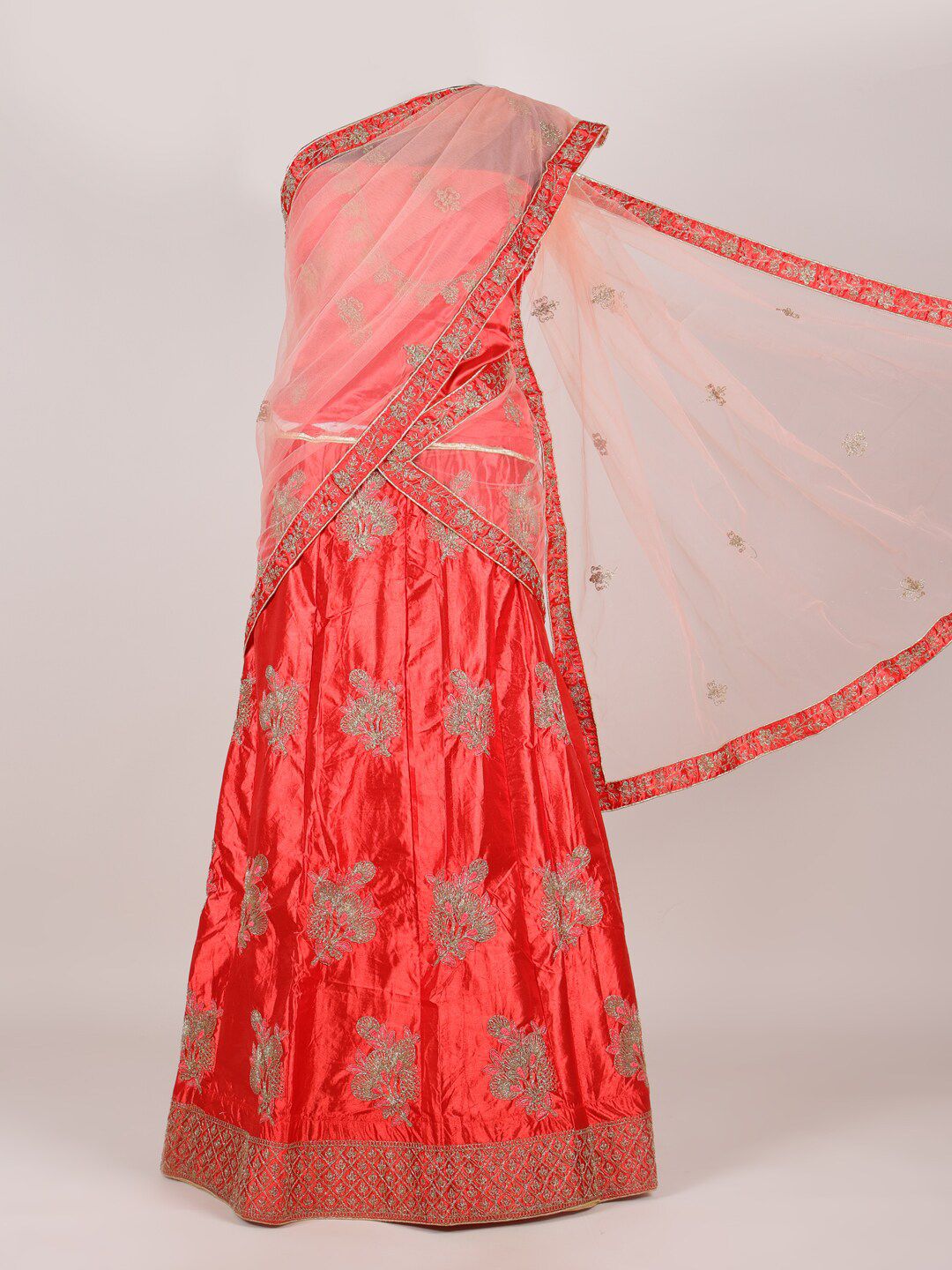 Pothys Peach & Red Satin Embroidered Unstitched Lehenga & Blouse With Dupatta Price in India