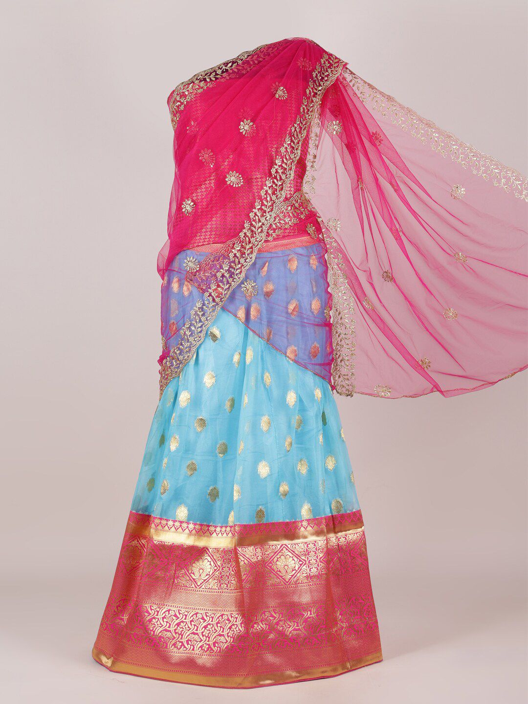 Pothys Women Pink & Blue Woven Design Semi-Stitched Half Saree Price in India
