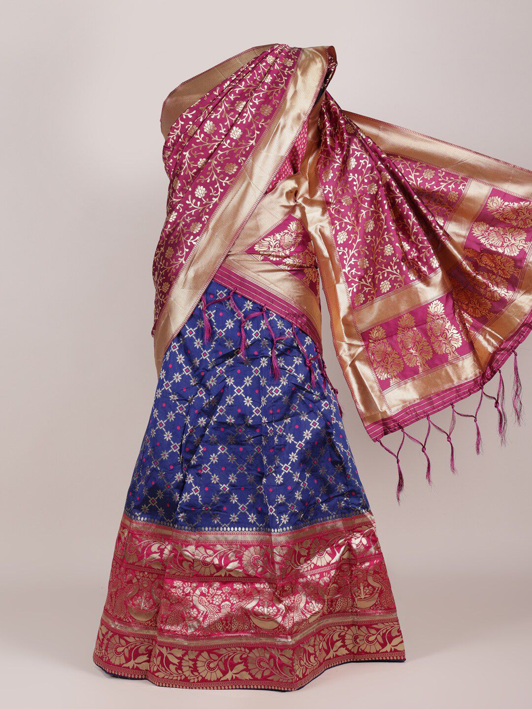 Pothys Magenta & Navy Blue Unstitched Lehenga & Blouse With Dupatta Price in India