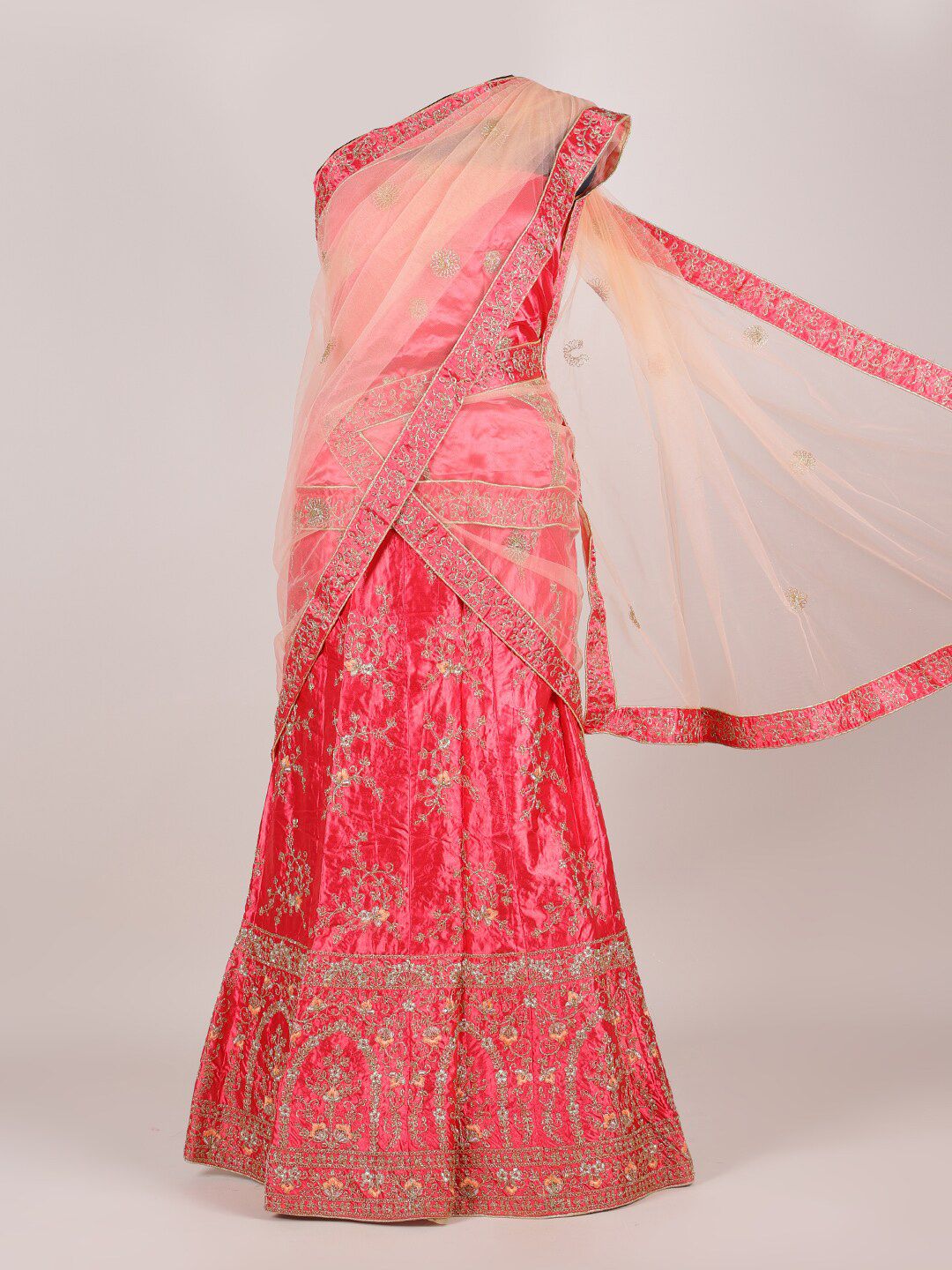 Pothys Peach-Coloured & Pink Embellished Unstitched Lehenga & Blouse With Dupatta Price in India