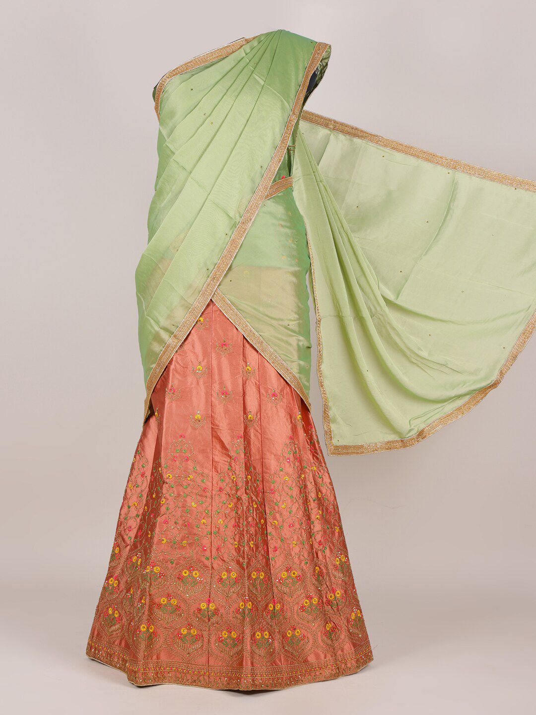 Pothys Green & Rust Embroidered Unstitched Lehenga & Blouse With Dupatta Price in India