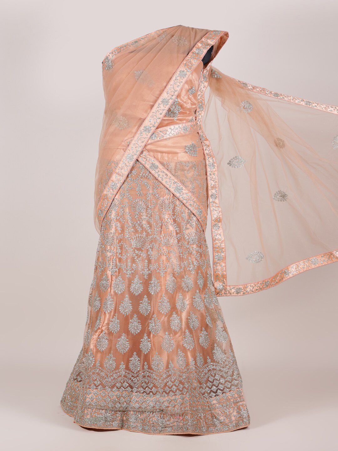 Pothys Peach-Coloured Embellished Semi-Stitched Lehenga & Unstitched Blouse With Dupatta Price in India