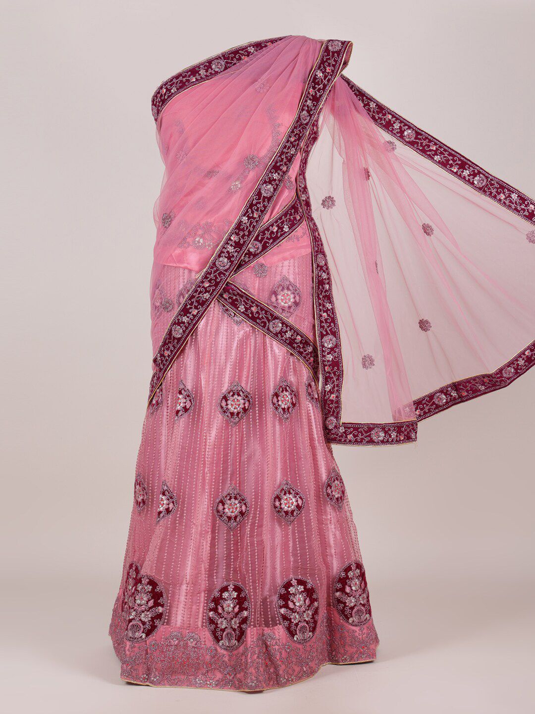 Pothys Pink Embroidered Unstitched Lehenga With Blouse & Dupatta Price in India