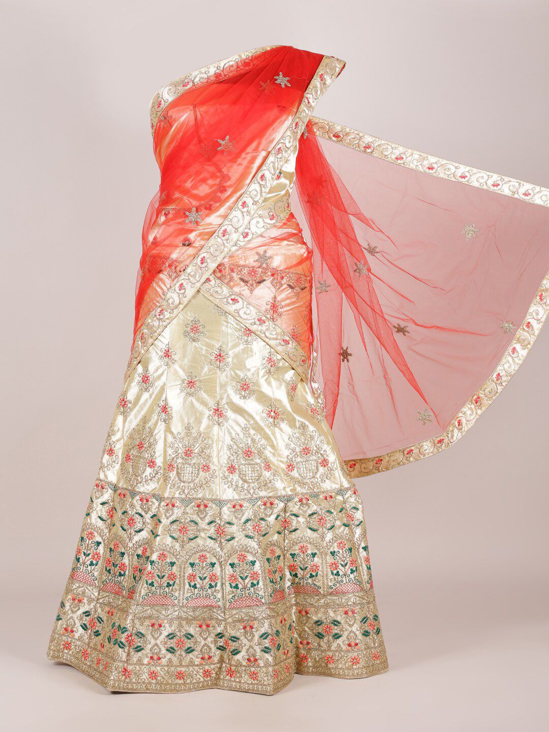 Pothys Red & Cream Embroidered Unstitched Lehenga & Blouse With Dupatta Price in India