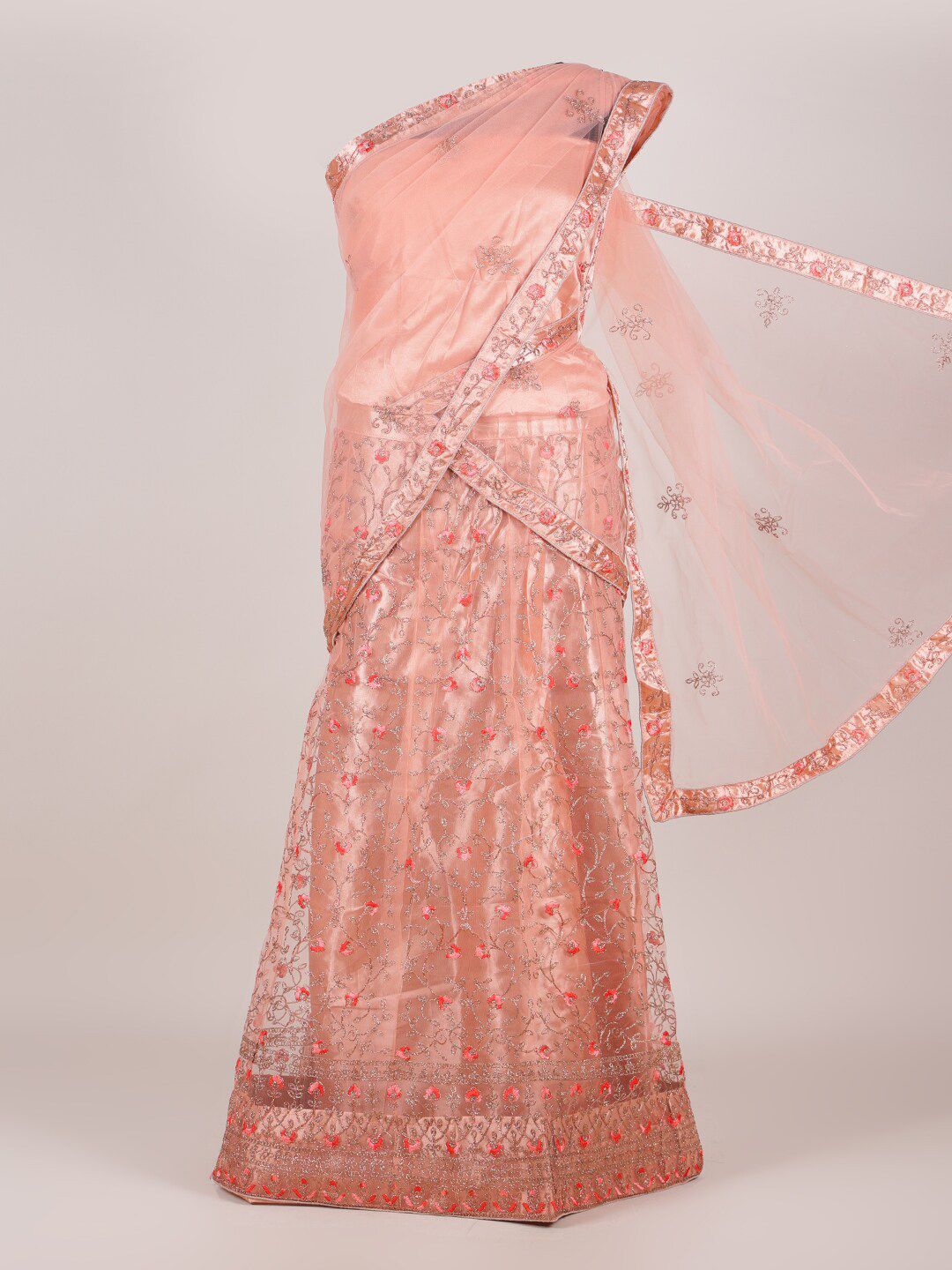 Pothys Peach-Coloured Embroidered Unstitched Half Saree Price in India