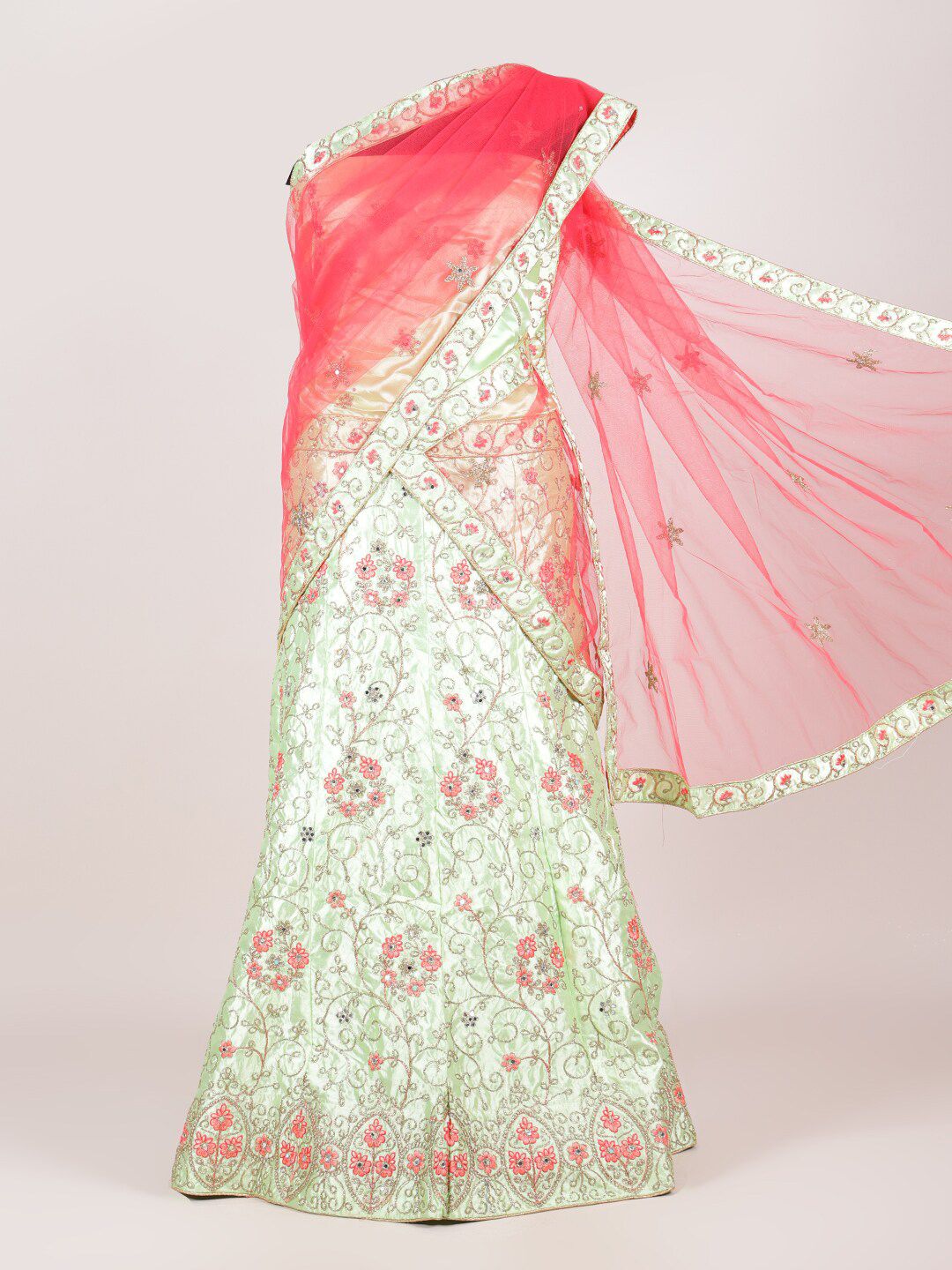 Pothys Pink & Green Embroidered Unstitched Lehenga & Blouse With Dupatta Price in India