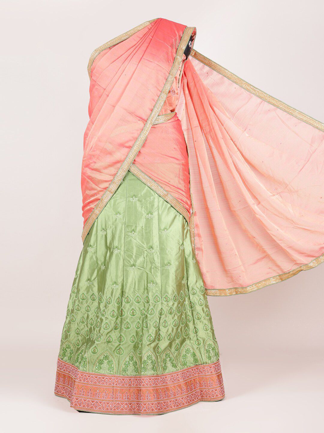 Pothys Peach-Coloured & Lime Green Semi-Stitched Lehenga &Unstitched Blouse With Dupatta Price in India