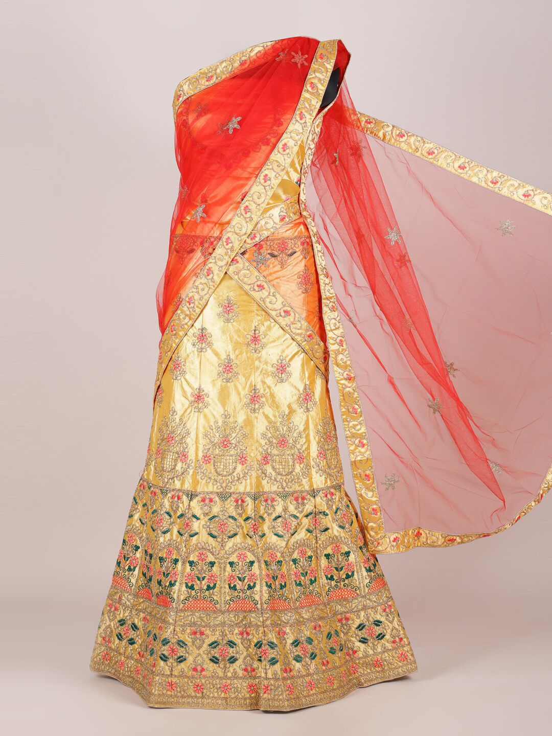 Pothys Red & Gold-Toned Embroidered Unstitched Lehenga & Blouse With Dupatta Price in India