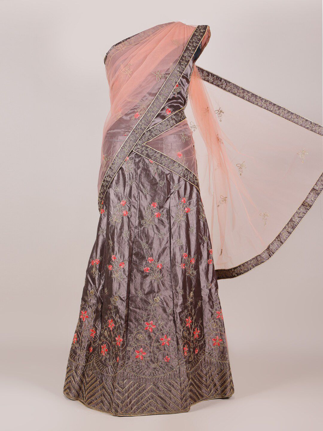 Pothys Peach-Coloured & Grey Embroidered Unstitched Lehenga & Blouse With Dupatta Price in India