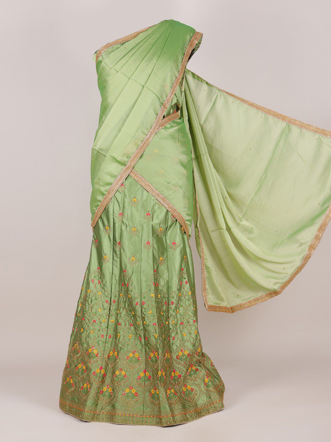 Pothys Green & Gold-Toned Embroidered Unstitched Half Saree Price in India