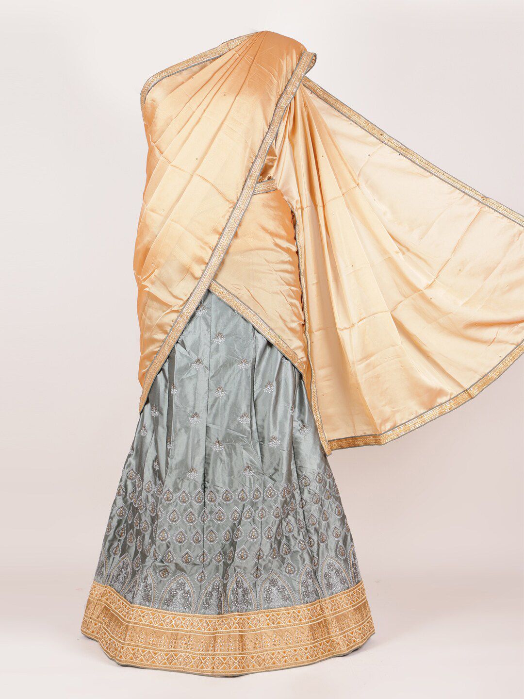 Pothys Gold-Toned & Grey Embroidered Unstitched Lehenga & Blouse With Dupatta Price in India