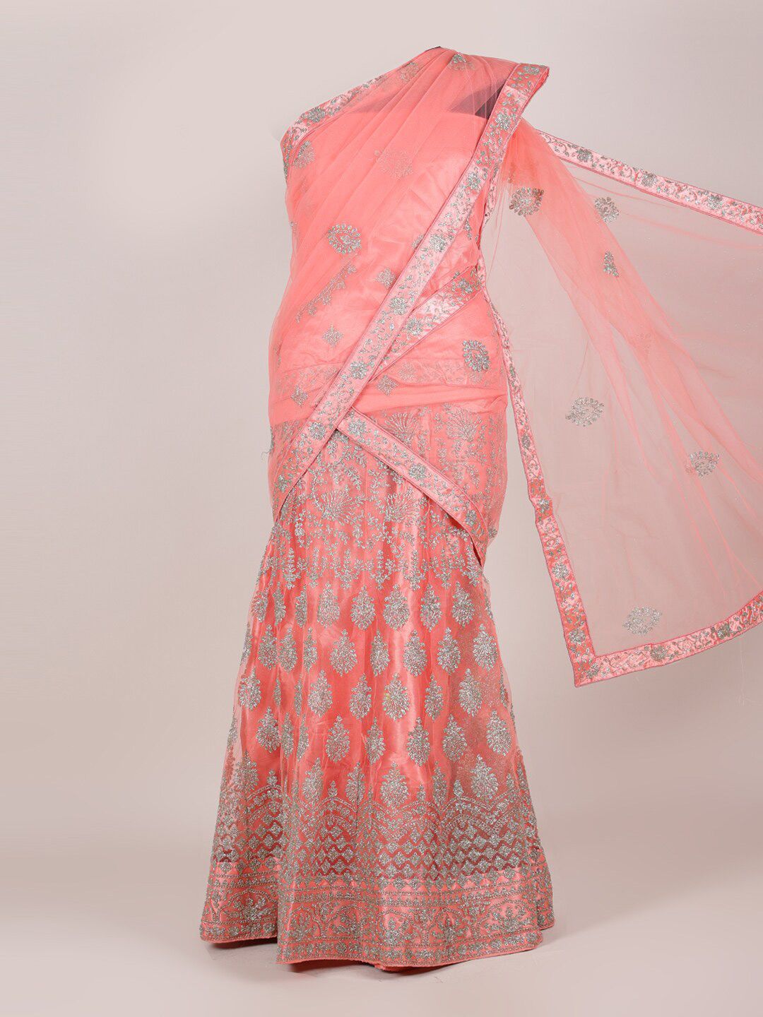 Pothys Peach-Coloured Embroidered Unstitched Lehenga & Blouse With Dupatta Price in India