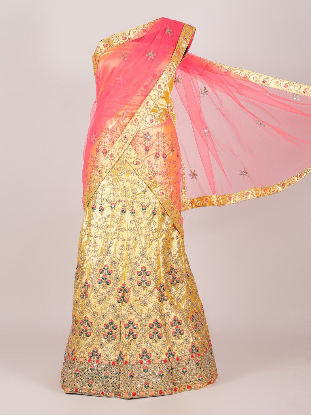 Pothys Pink & Yellow Embroidered Unstitched Lehenga & Blouse With Dupatta Price in India