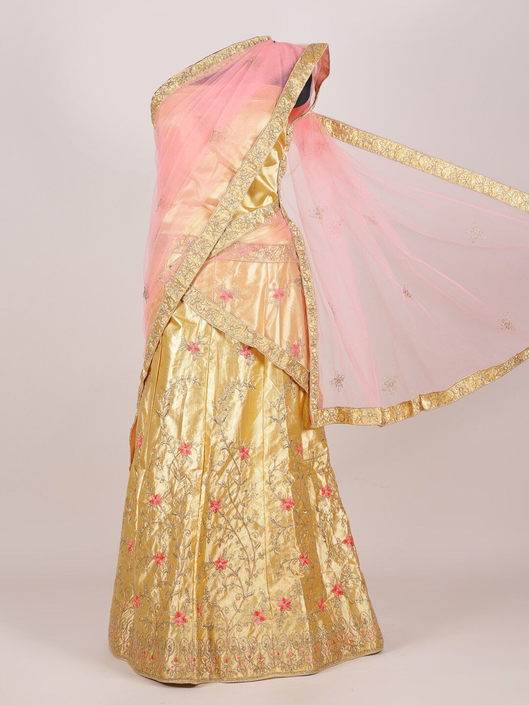 Pothys Pink & Gold-Toned Embroidered Unstitched Lehenga & Blouse With Dupatta Price in India