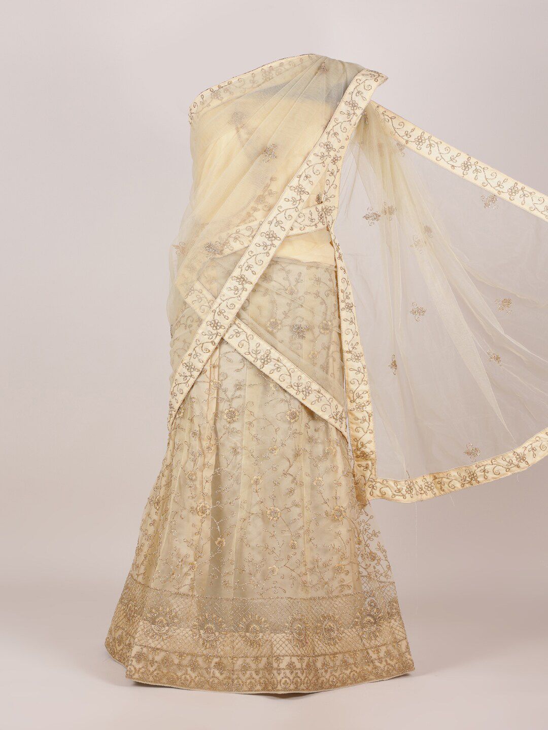 Pothys Cream-Coloured Embroidered Beads and Stones Unstitched Lehenga & Blouse With Dupatta Price in India