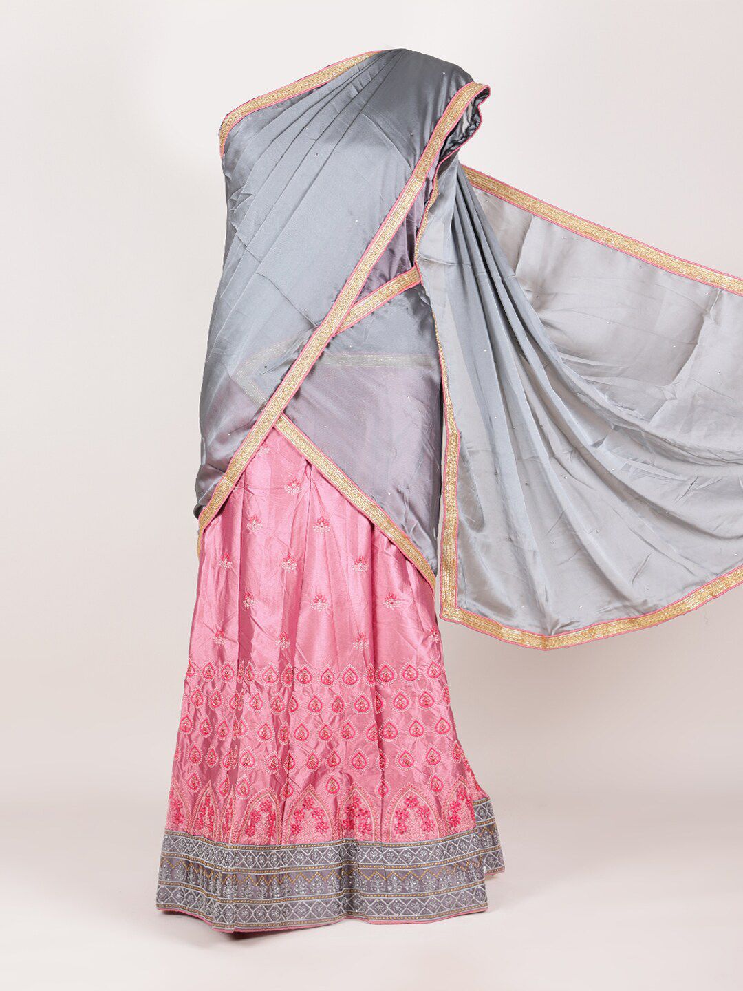 Pothys Grey & Pink Embroidered Unstitched Lehenga & Blouse With Dupatta Price in India