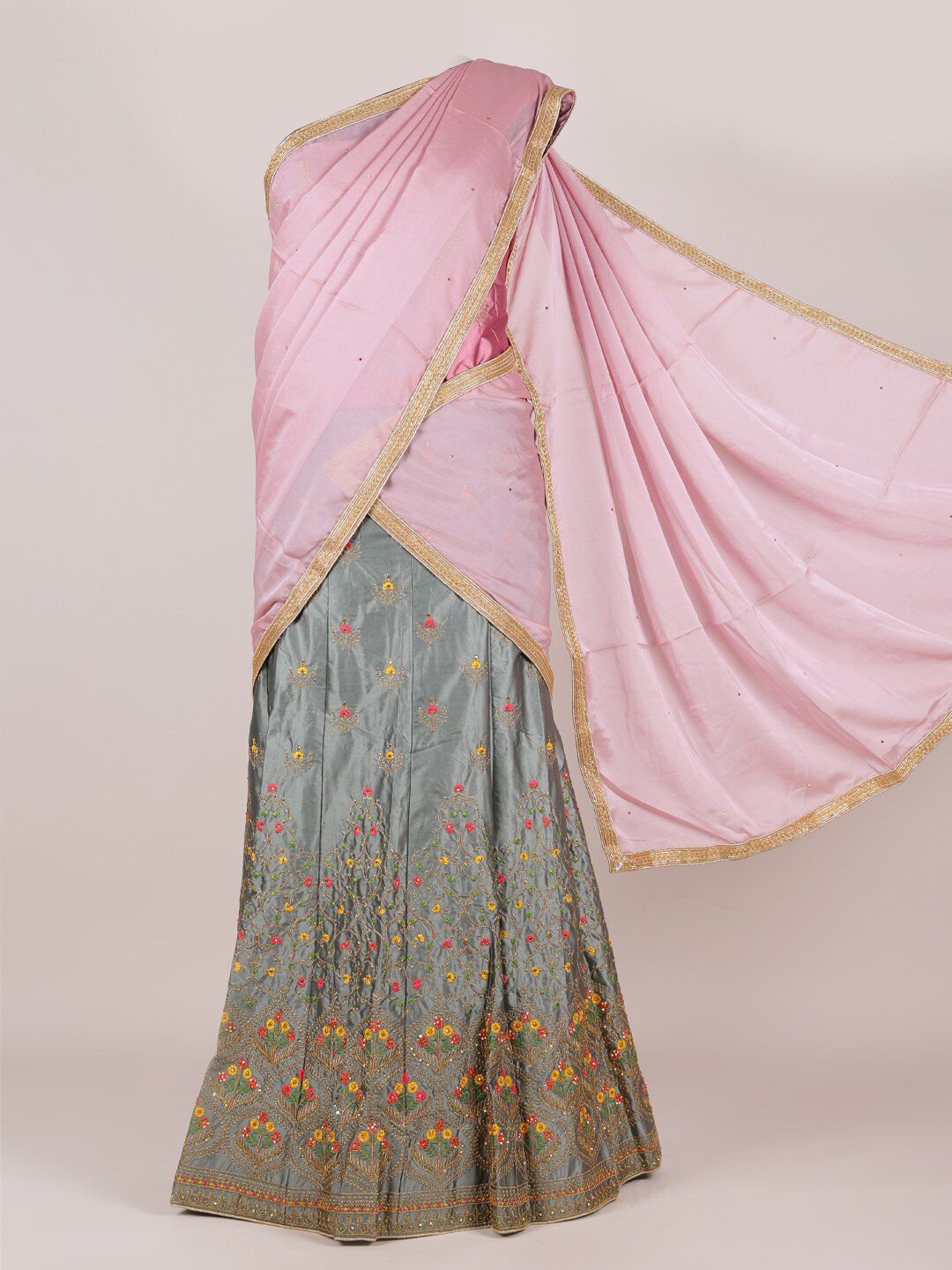 Pothys Pink & Grey Embellished Unstitched Lehenga & Blouse With Dupatta Price in India