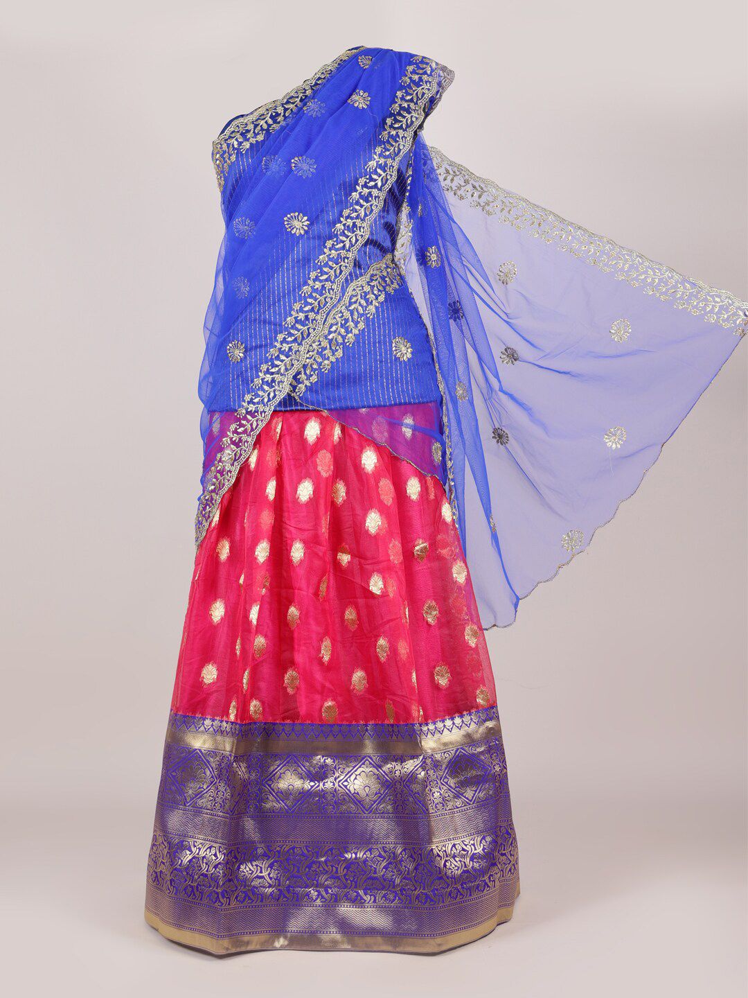 Pothys Blue & Pink Semi-Stitched Lehenga & Unstitched Blouse With Dupatta Price in India