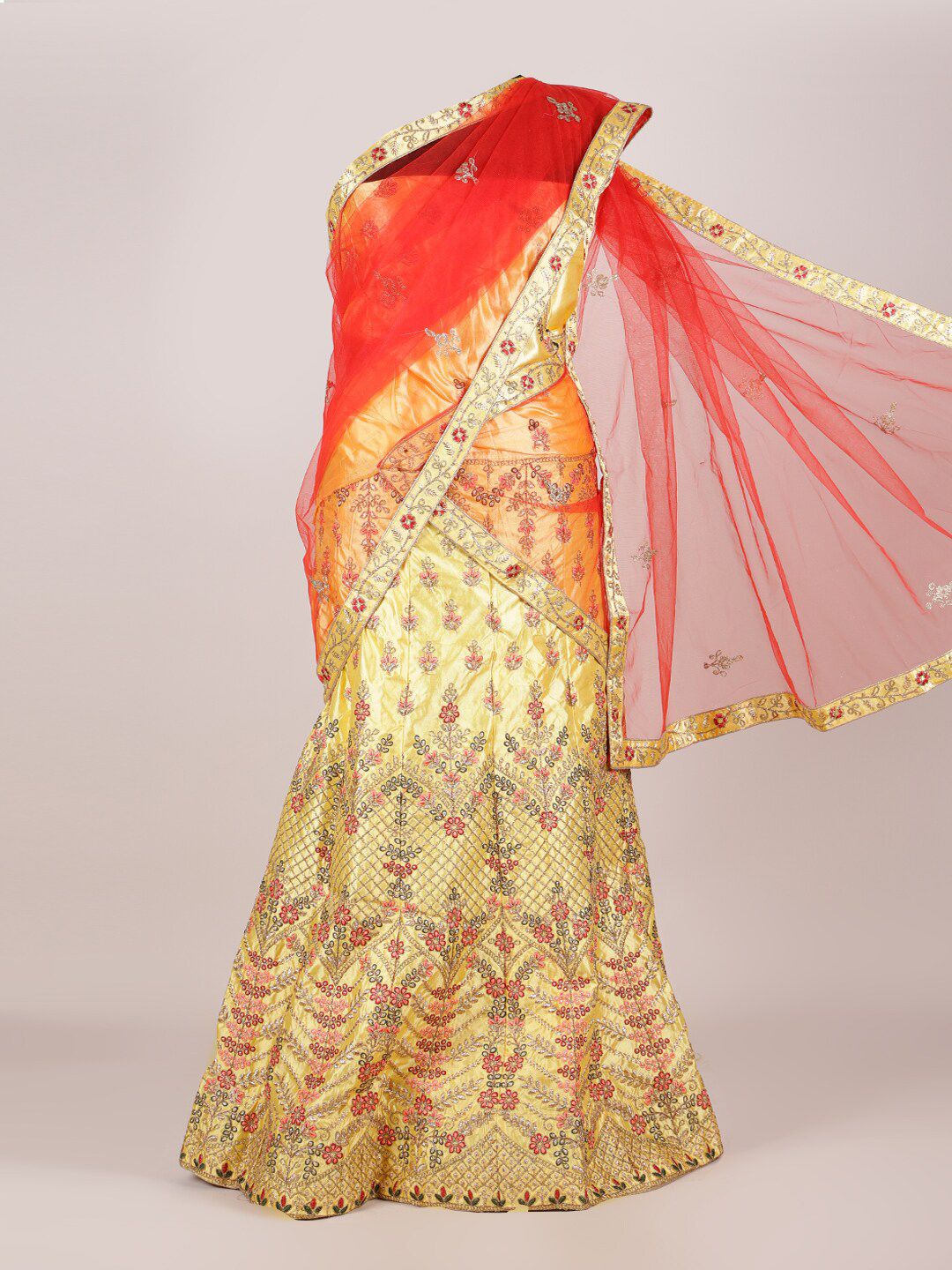 Pothys Red & Yellow Embellished Unstitched Lehenga & Blouse With Dupatta Price in India