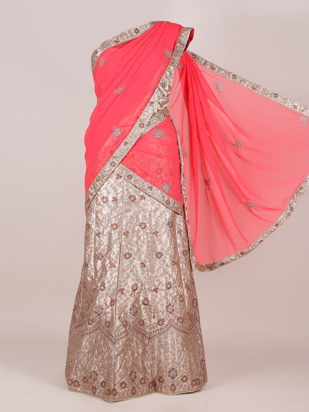 Pothys Pink & Brown Embroidered Semi-Stitched Half Saree Price in India