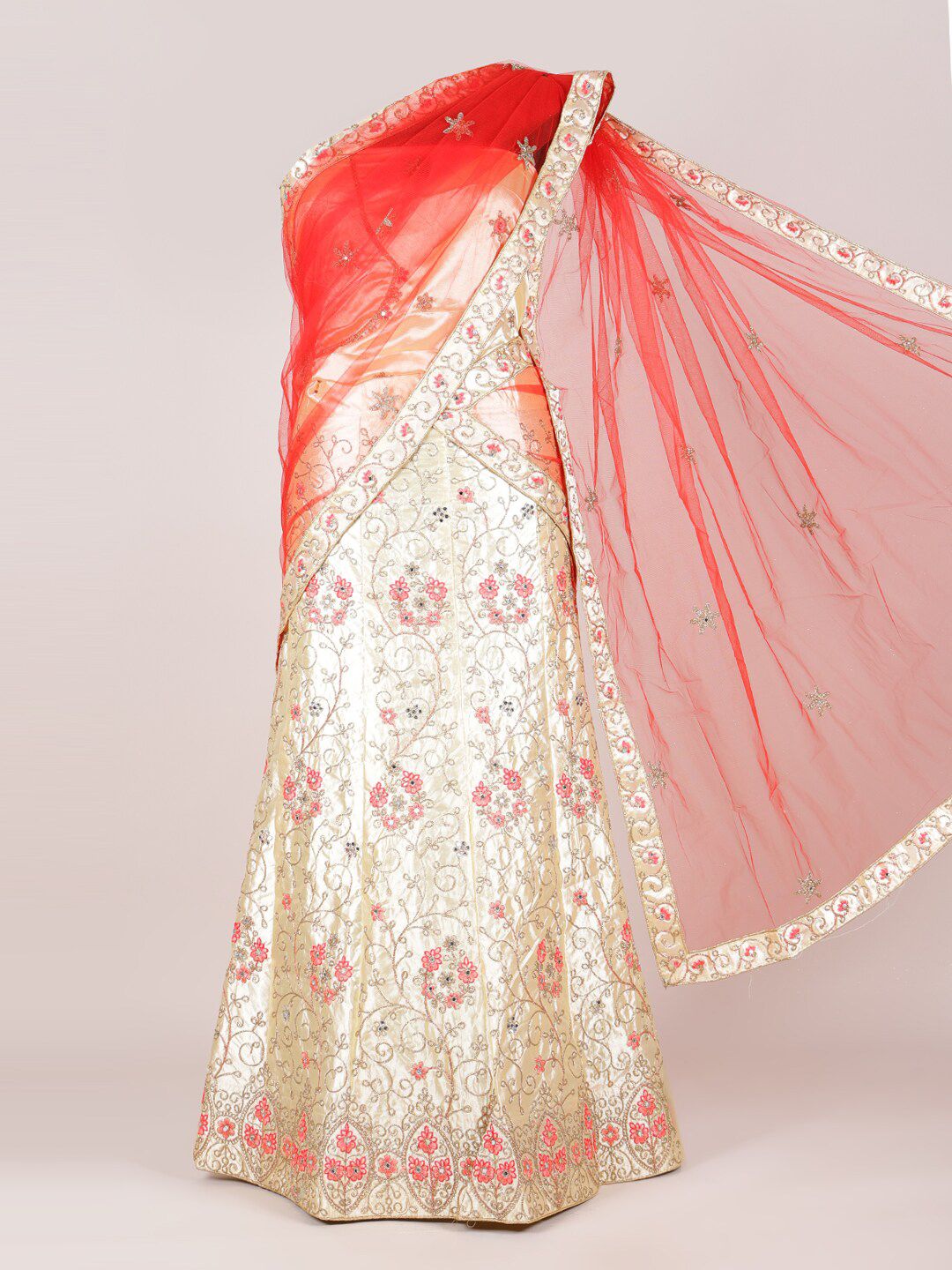 Pothys Red & Gold-Toned Embroidered Unstitched Lehenga & Blouse With Dupatta Price in India