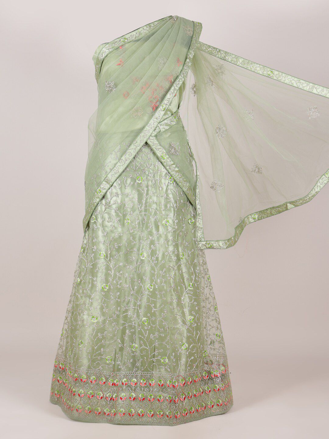 Pothys Green Embellished Unstitched Lehenga & Blouse With Dupatta Price in India