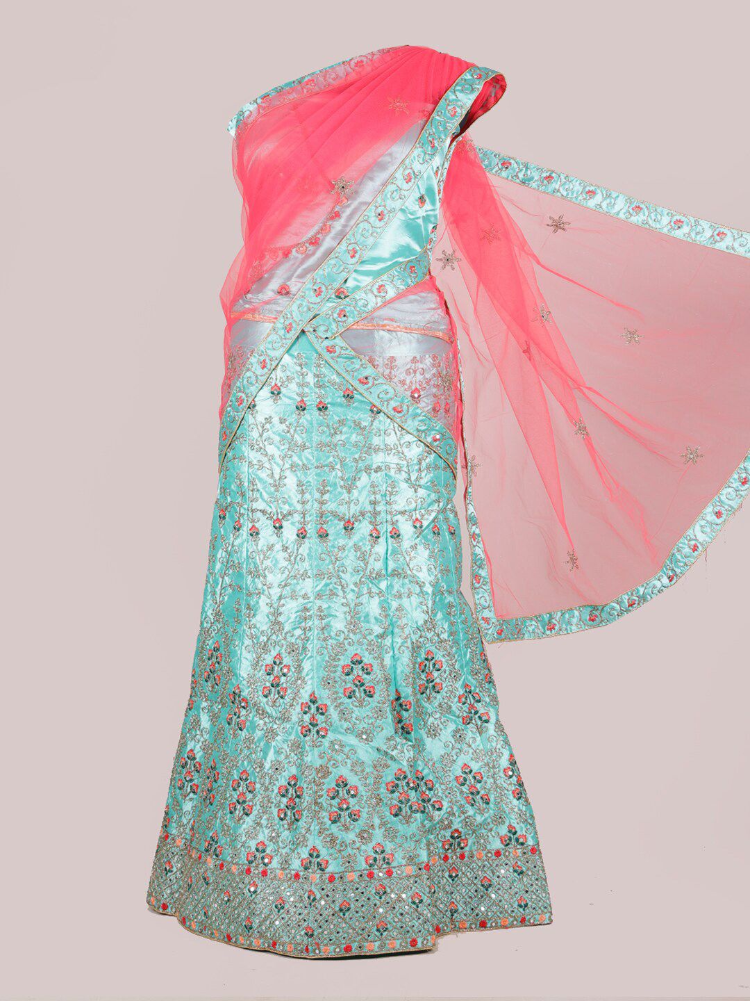 Pothys Pink & Green Embroidered Unstitched Lehenga & Blouse With Dupatta Price in India