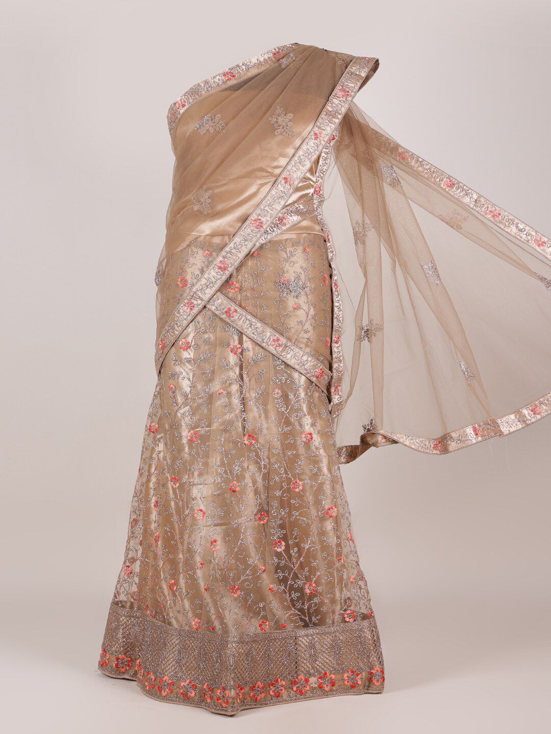 Pothys Brown Embellished Semi-Stitched Lehenga & Unstitched Blouse With Dupatta Price in India