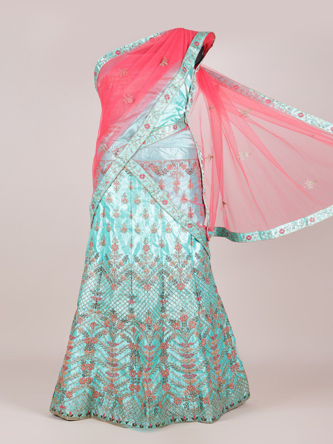 Pothys Pink & Green Embroidered Unstitched Lehenga & Blouse With Dupatta Price in India