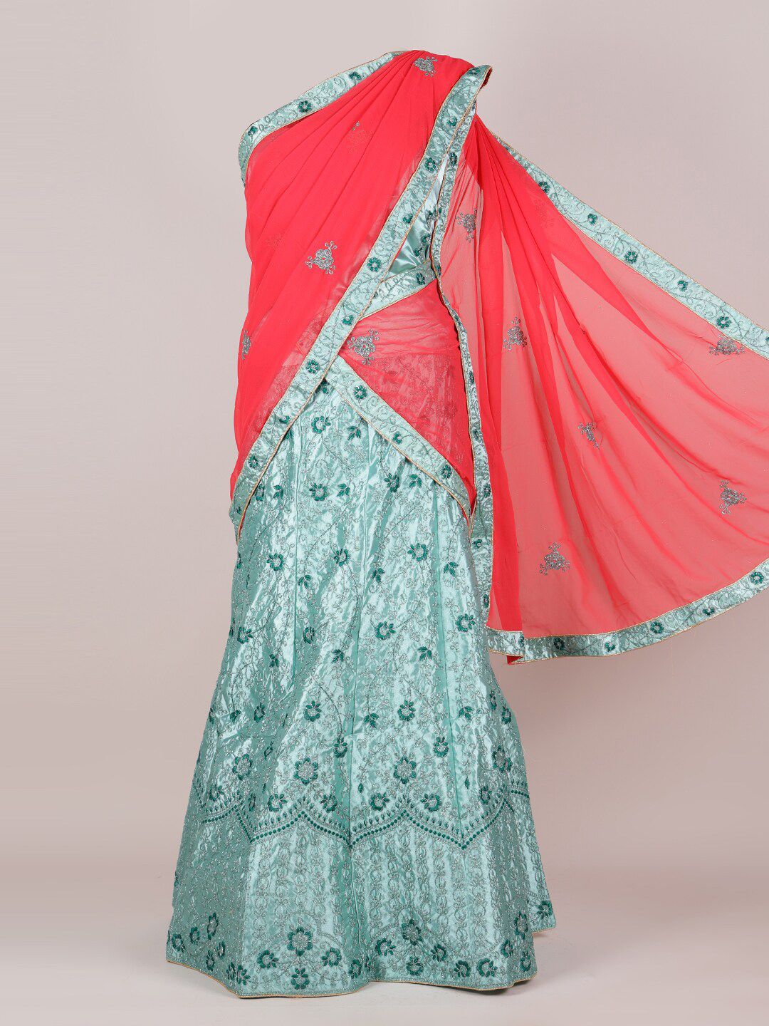 Pothys Pink & Green Embroidered Unstitched Lehenga & Blouse With Dupatta Price in India