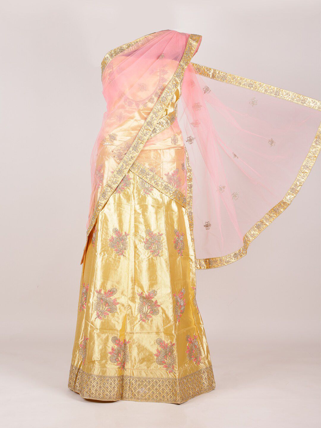 Pothys Pink & Gold-Toned Embellished Unstitched Lehenga & Blouse With Dupatta Price in India