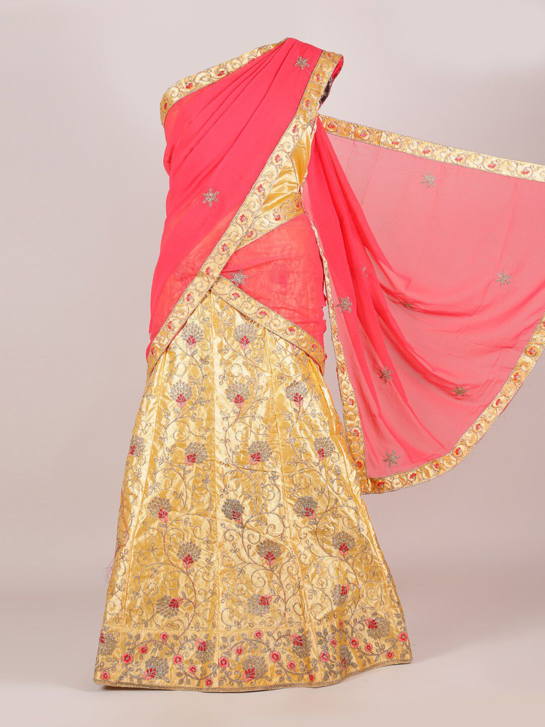 Pothys Pink & Gold-Toned Embroidered Unstitched Lehenga & Blouse With Dupatta Price in India