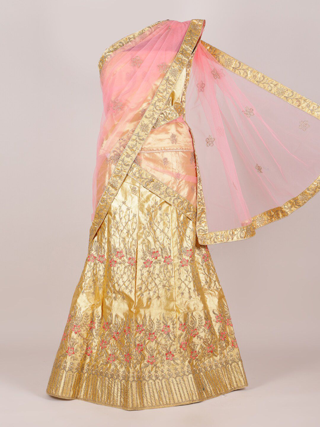 Pothys Pink & Gold-Toned Embroidered Unstitched Lehenga & Blouse With Dupatta Price in India