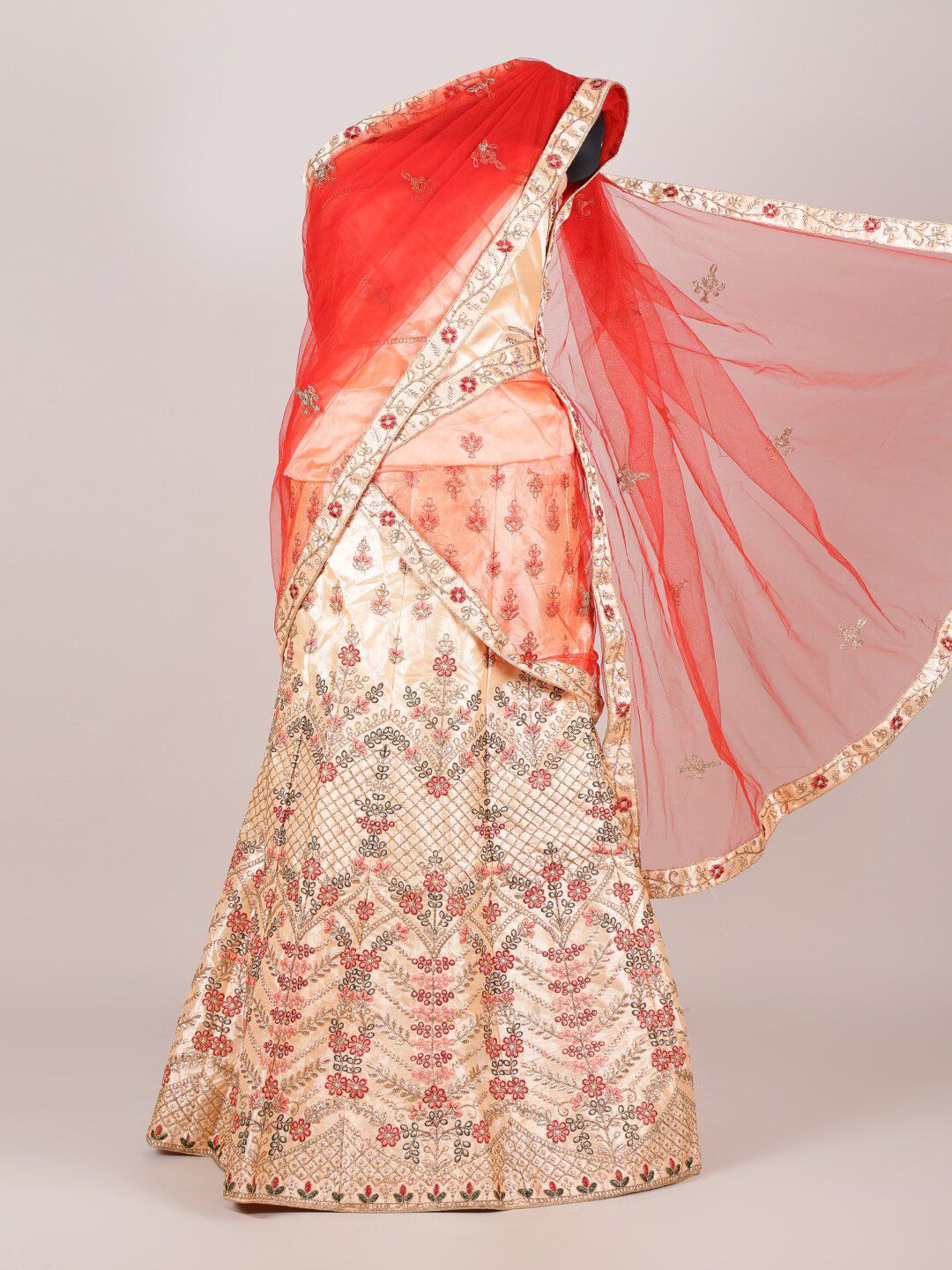 Pothys Peach-Coloured & Red Semi-Stitched Lehenga & Unstitched Blouse With Dupatta Price in India