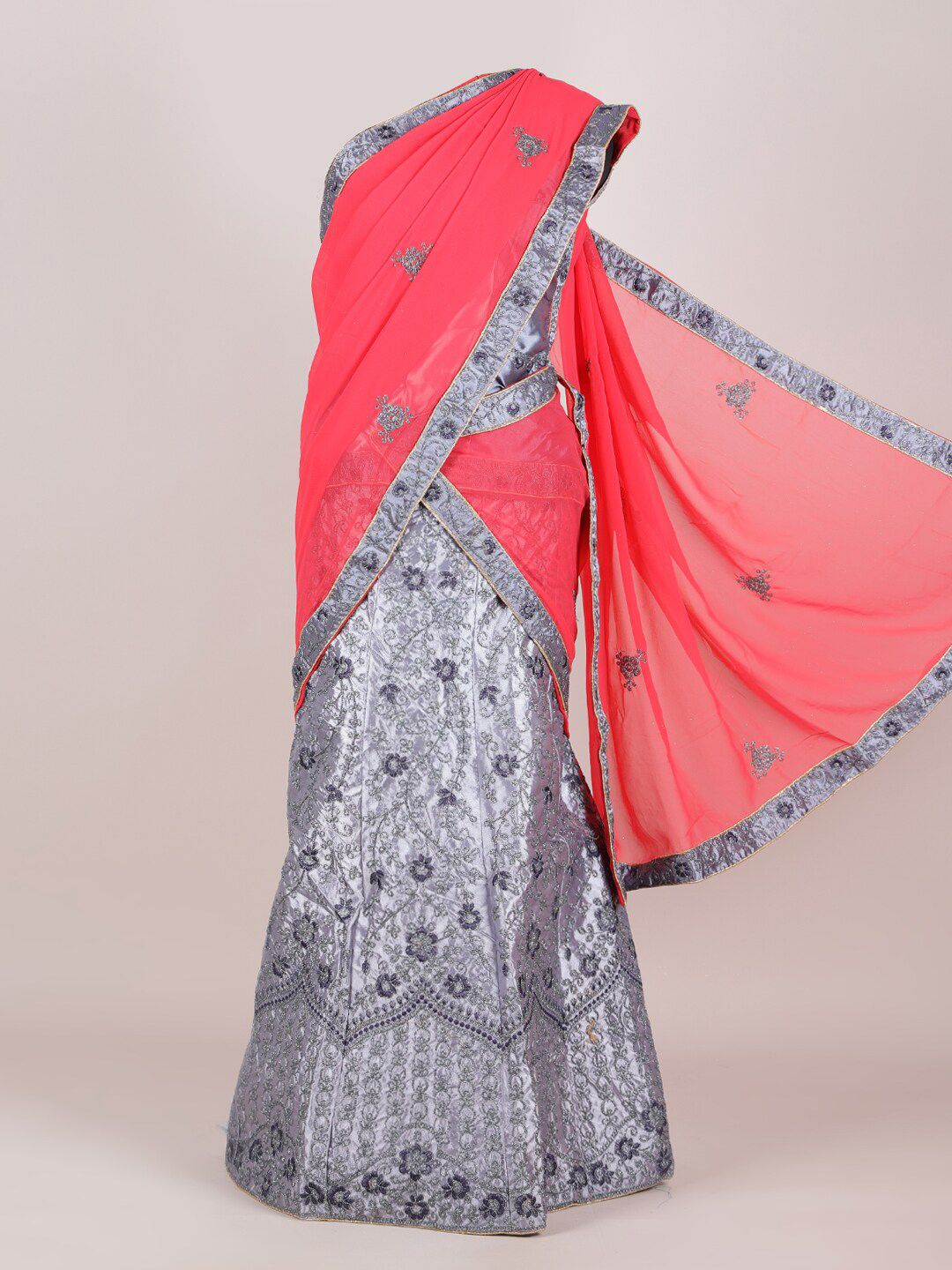 Pothys Pink & Grey Embellished Unstitched Lehenga & Blouse With Dupatta Price in India