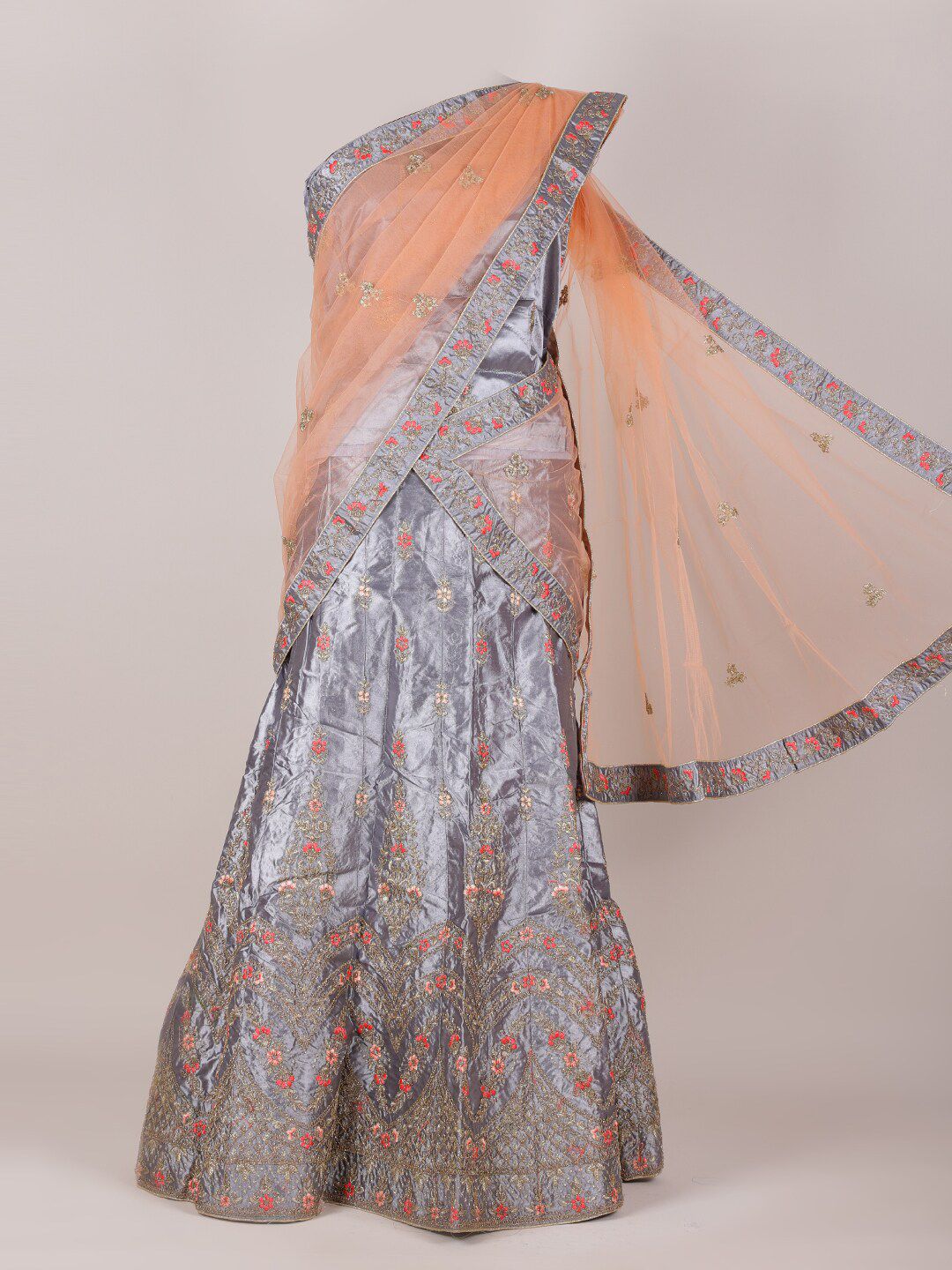 Pothys Peach-Coloured & Grey Embroidered Unstitched Lehenga & Blouse With Dupatta Price in India