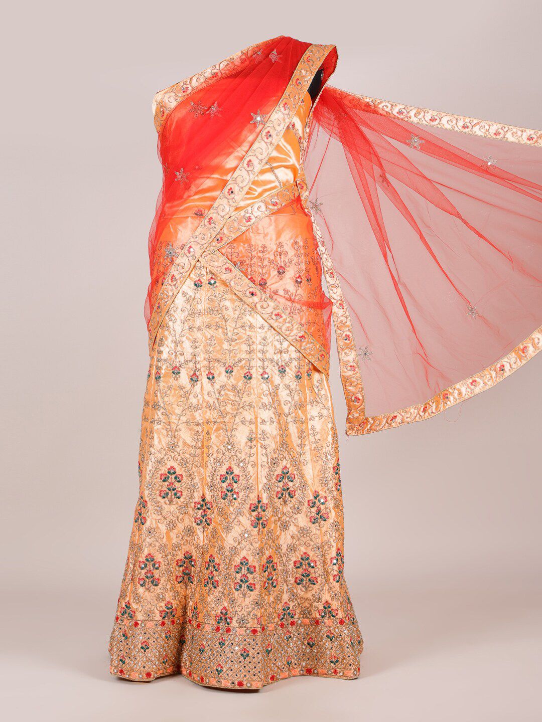 Pothys Red & Peach-Coloured Embroidered Unstitched Lehenga & Blouse With Dupatta Price in India