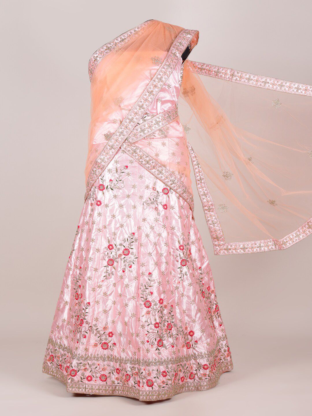 Pothys Peach-Coloured & Pink Embroidered Unstitched Lehenga & Blouse With Dupatta Price in India