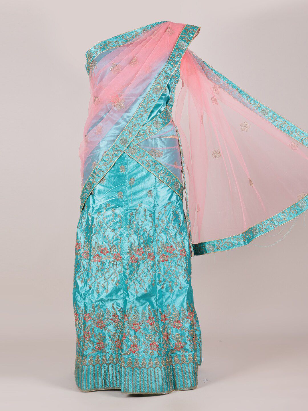 Pothys Pink & Blue Embroidered Unstitched Lehenga & Blouse With Dupatta Price in India