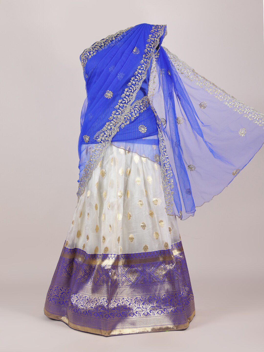 Pothys Blue & Cream Embellished Unstitched Lehenga With Blouse & Dupatta Price in India