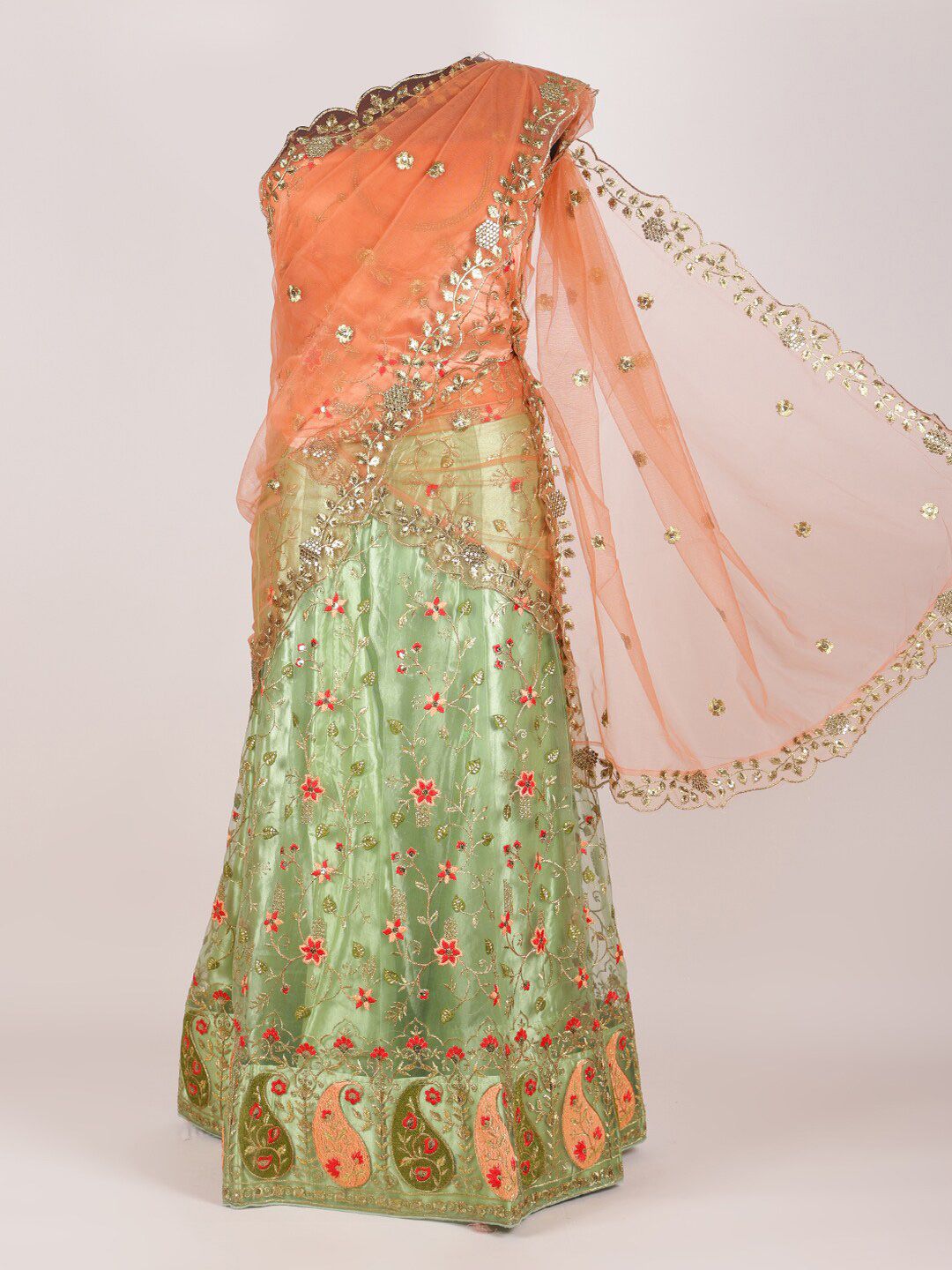 Pothys Orange & Green Embroidered Unstitched Lehenga & Blouse With Dupatta Price in India