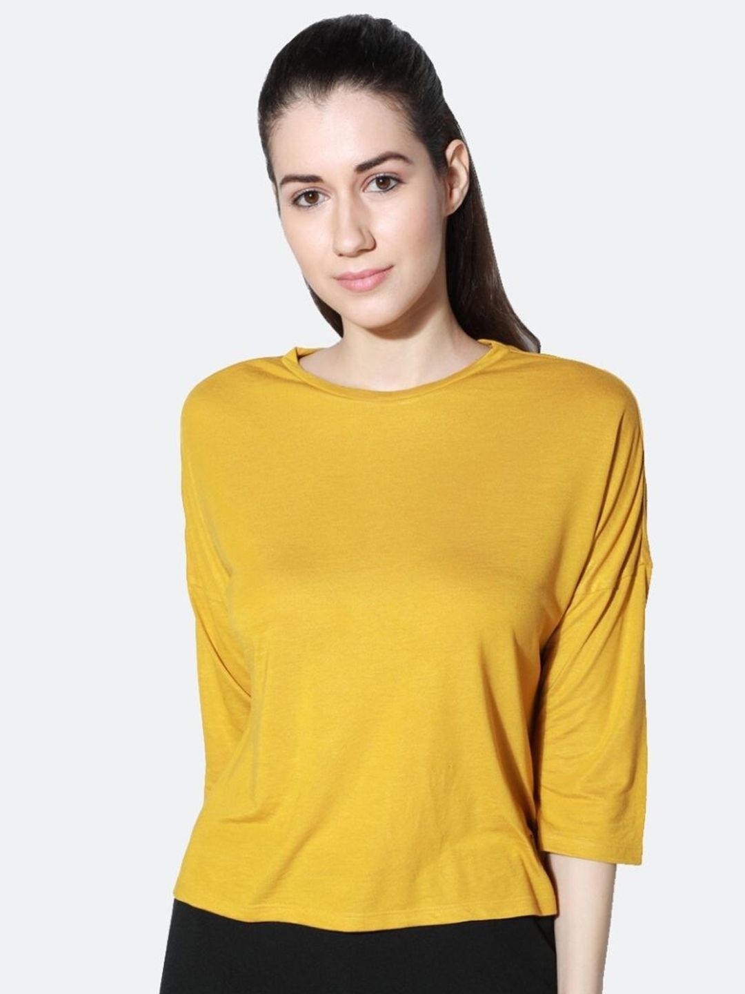 Silvertraq Women Mustard Yellow Drop-Shoulder Sleeves Slim Fit T-shirt Price in India