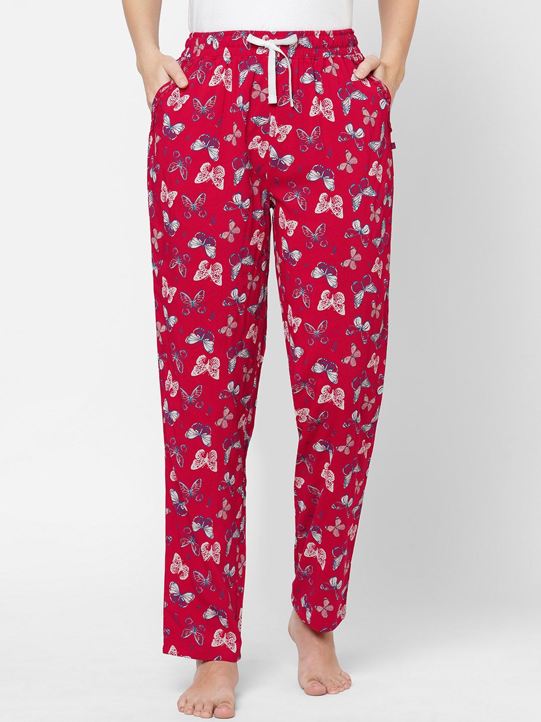 MAYSIXTY Women Red Butterfly Printed Cotton Lounge Pants Price in India