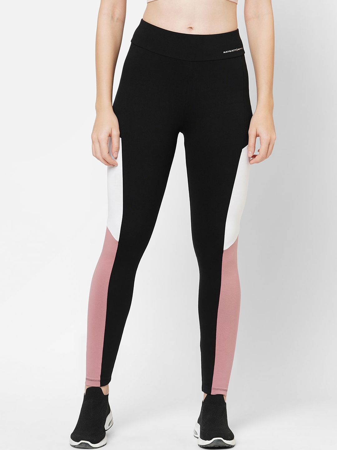 MAYSIXTY Women Black & Rose Colourblocked Slim-Fit Cotton Track Pant Price in India