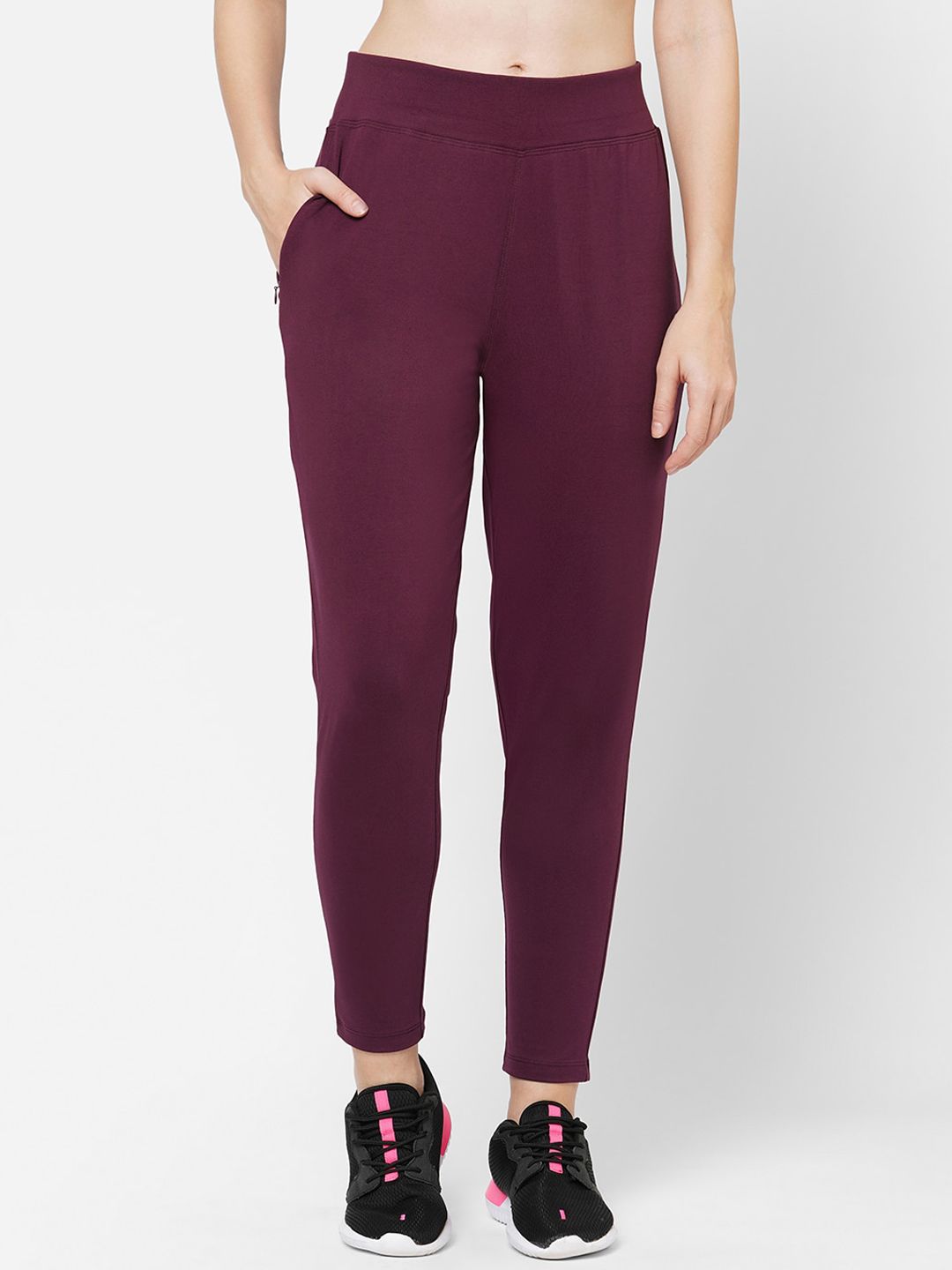 MAYSIXTY Women Maroon Solid Slim-Fit Cotton Track Pants Price in India