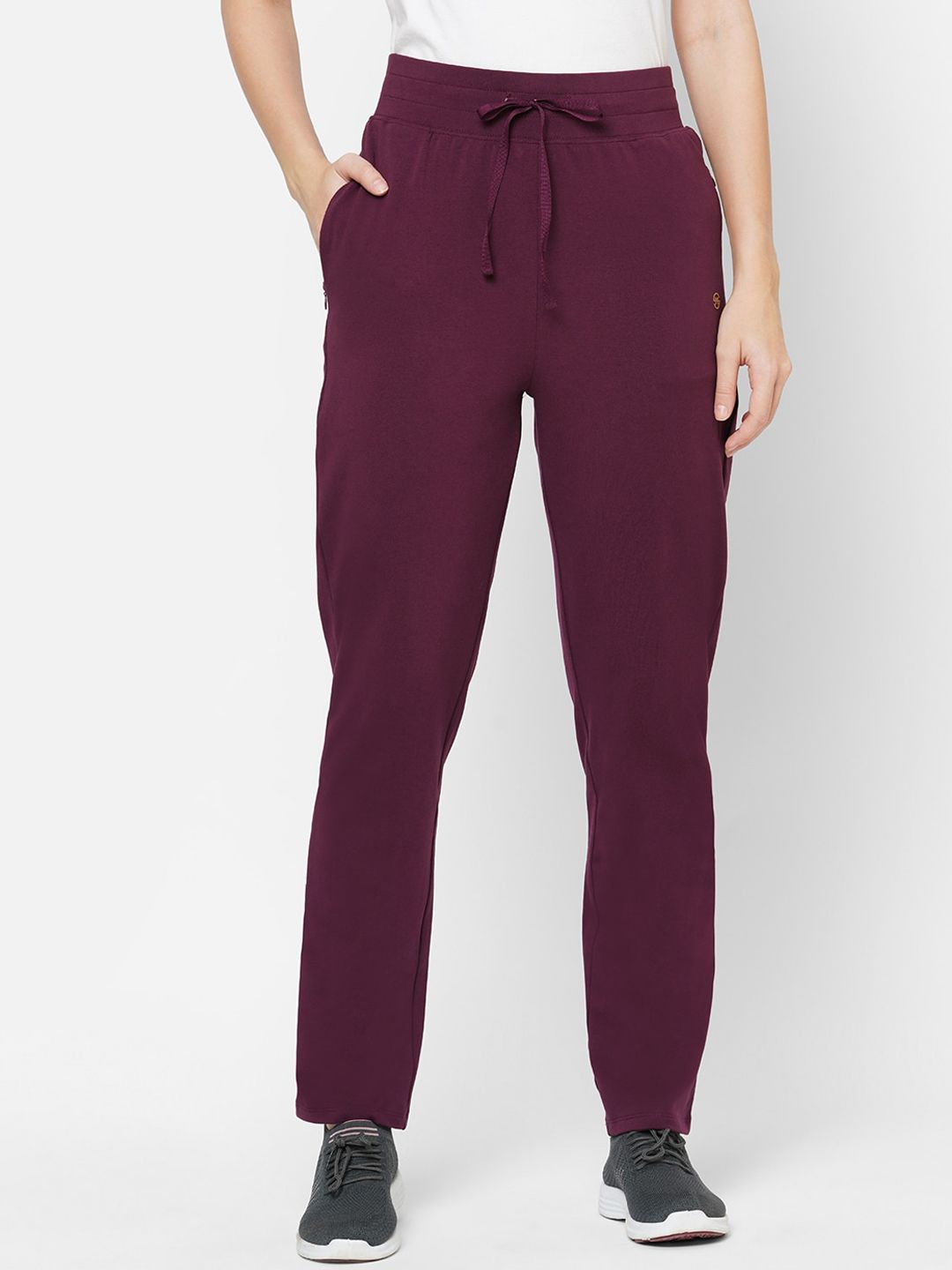 MAYSIXTY Women Maroon Solid Slim-Fit Cotton Track Pants Price in India