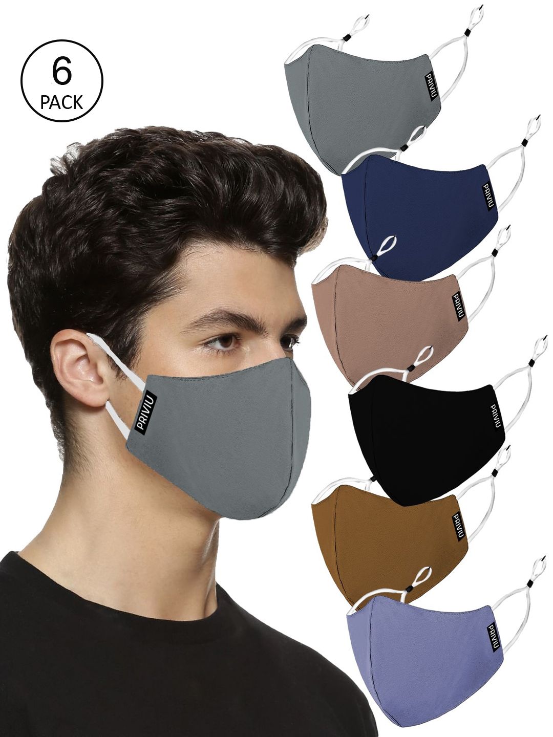 PRIVIU Unisex Pack Of 6 Black Solid 4-Ply Reusable Cloth Mask Price in India