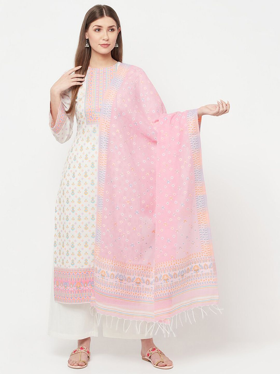 Safaa Women White & Pink Ethnic Motifs Woven Design Unstitched Dress Material Price in India