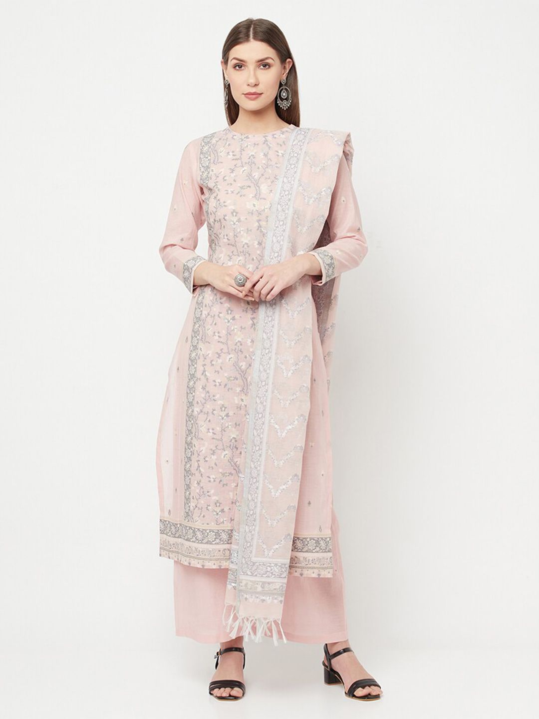 Safaa Peach-Coloured & Grey Unstitched Cotton Dress Material With Dupatta Price in India