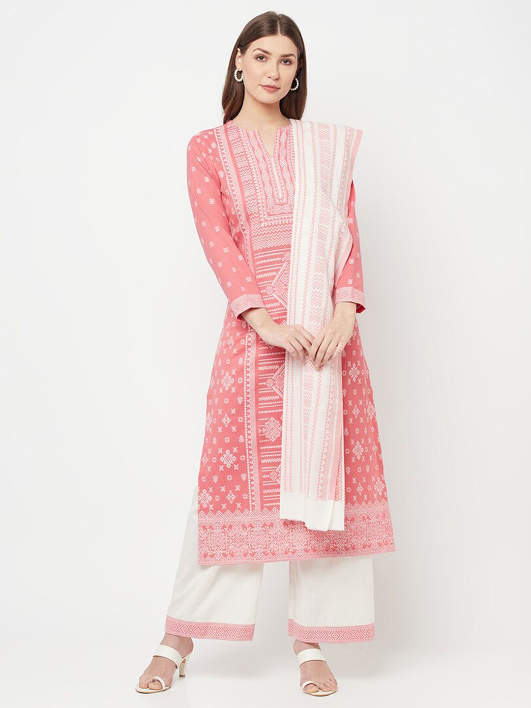 Safaa Pink & White Printed Unstitched Dress Material Price in India